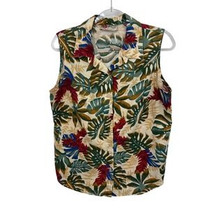 Hilo Hattie Hawaiian Sleeveless‎ Button Front Tropical Floral Print Top Size L
